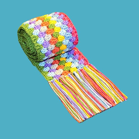 Bold Colorful Hand Crocheted Scarf with Fringe | Winter Accessory for Cozy Style - Picture 4 of 7